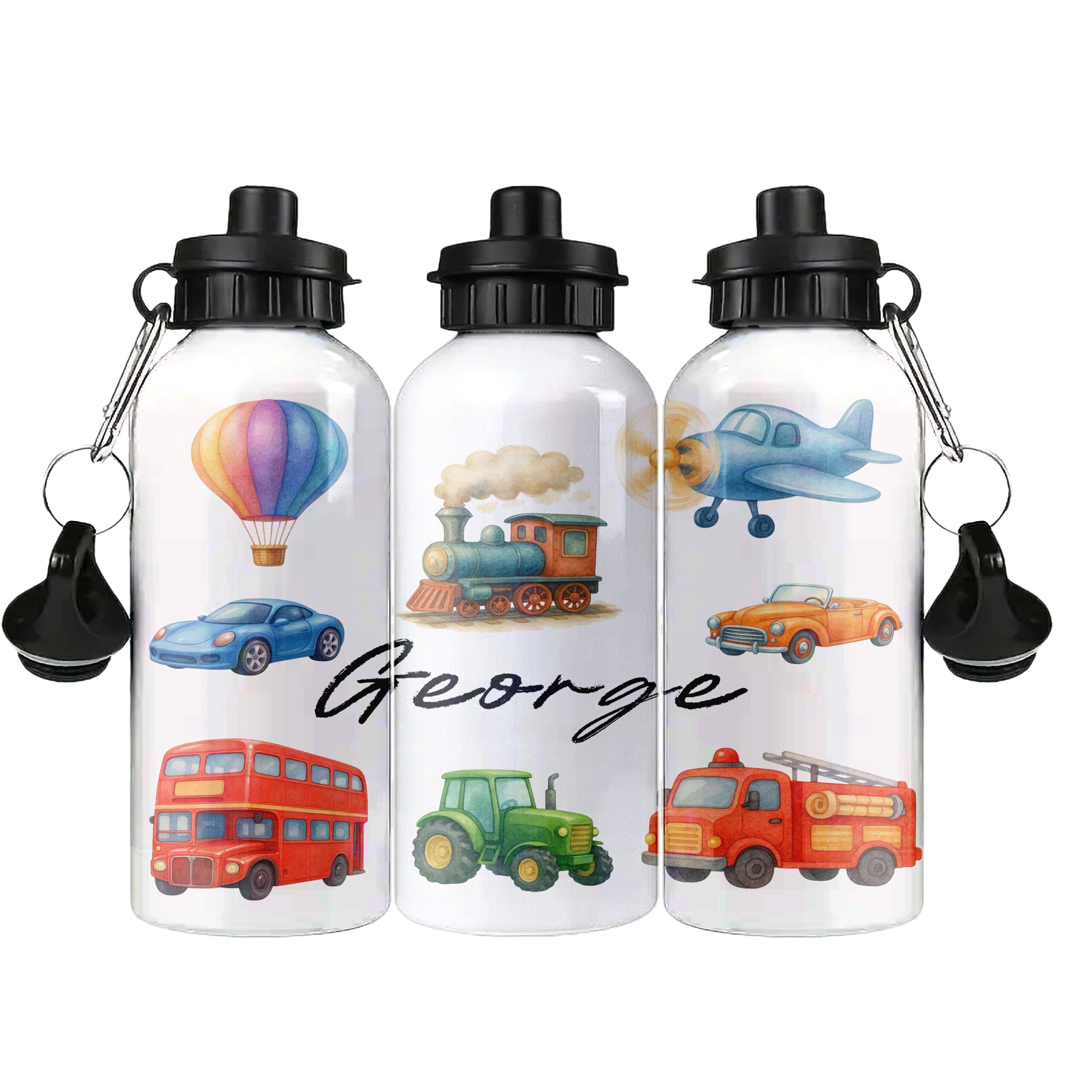 Personalised Kids Water Bottle – Jungle, Cars & Farm – 500ml Black Lid, 600ml Blue Lid or 650ml Grey Straw Lid aluminium bottle - Image 3