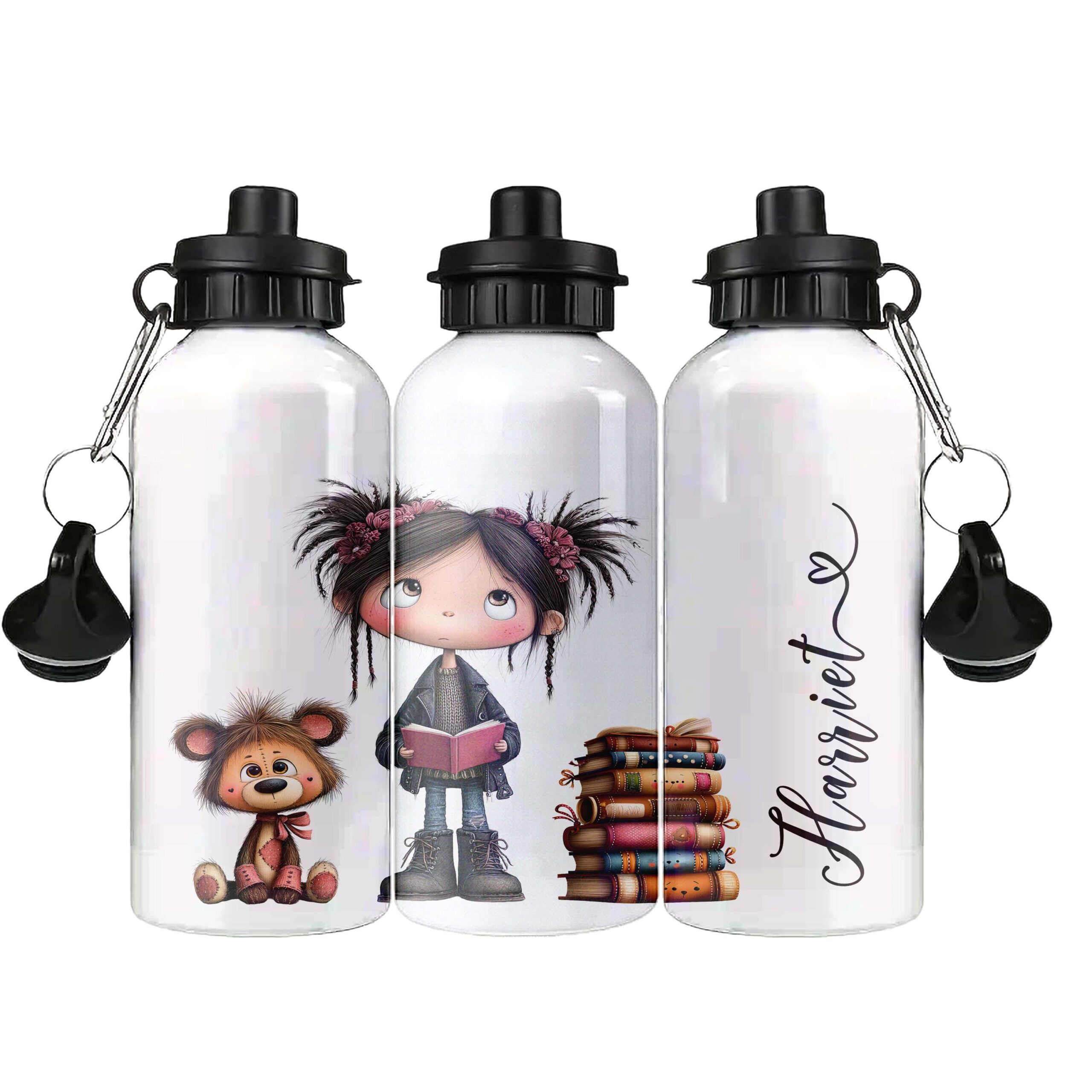 Personalised Kids Water Bottle – Girls Floral Design – Custom Name – 500ml Black Lid, 600ml Blue Lid, 650ml Grey Straw Lid aluminium bottle - Image 2