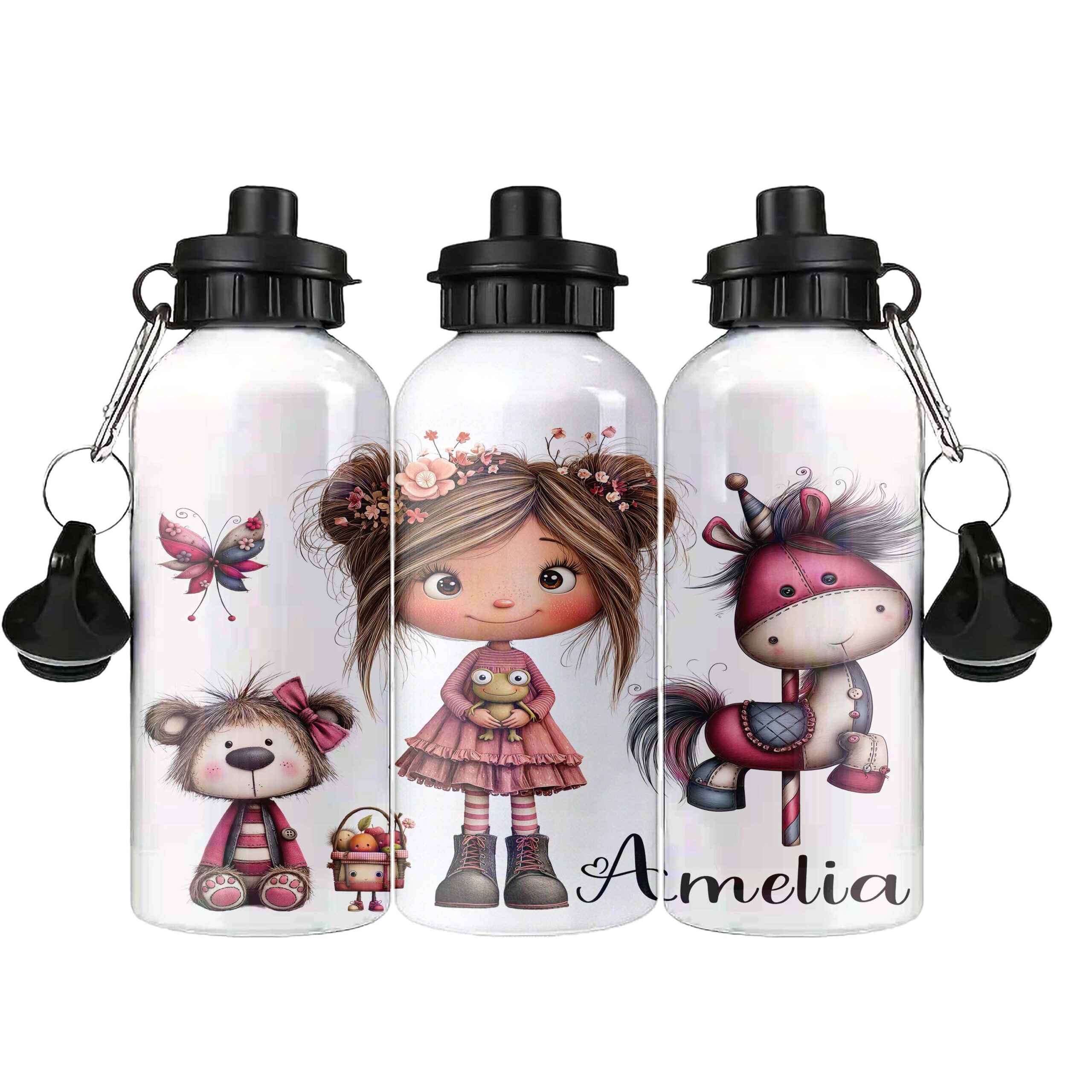 Personalised Kids Water Bottle – Girls Floral Design – Custom Name – 500ml Black Lid, 600ml Blue Lid, 650ml Grey Straw Lid aluminium bottle - Image 4