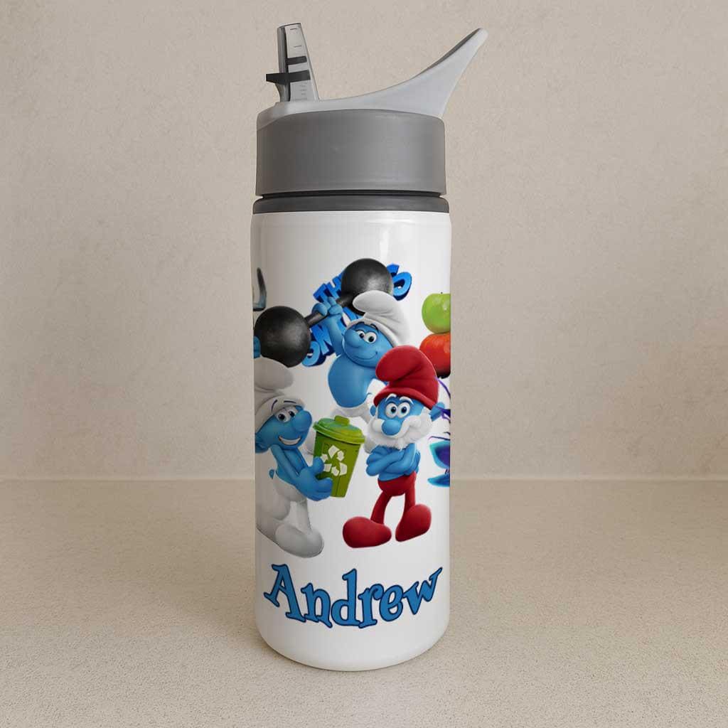 Personalised Kids Water Bottle – Cute Blue Cartoon Character – Custom Name – Multiple Sizes & Lid Options - boys or girls aluminium bottle