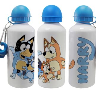Personalised Kids Water Bottle – Blue Dog Character – Custom Name – Aluminium Sports Bottle – Multiple Sizes & Lids – Gift for Boys - Girls