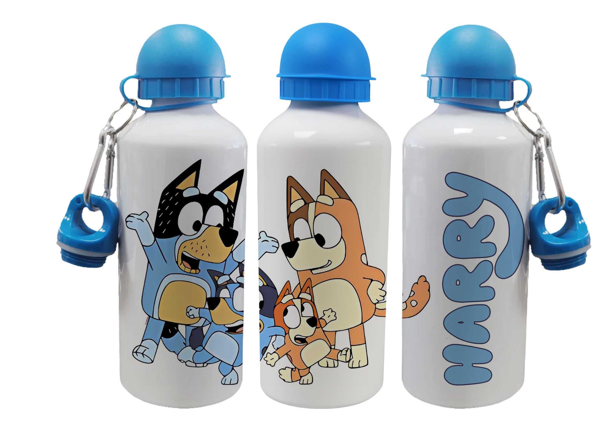 Personalised Kids Water Bottle – Blue Dog Character – Custom Name – Aluminium Sports Bottle – Multiple Sizes & Lids – Gift for Boys - Girls