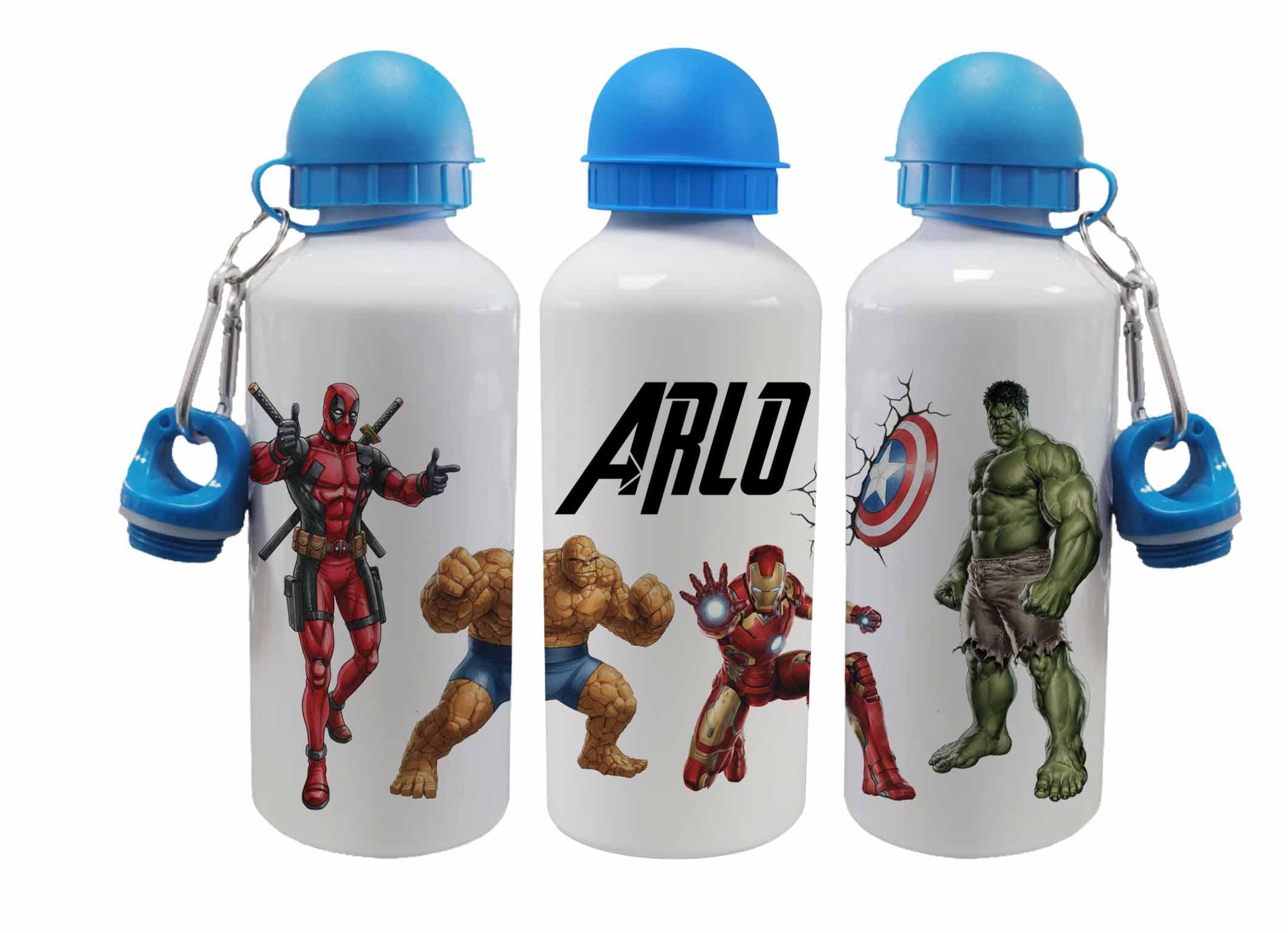 Personalised Kids Water Bottle – Superhero Design with Custom Initials – 500ml, 600ml, 650ml Aluminium
