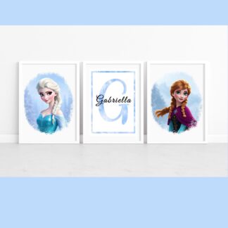 Set of 3 Personalised Ice Princess Wall Art Prints – Winter Sisters & Snowman Kids Room Decor (A4) or A3