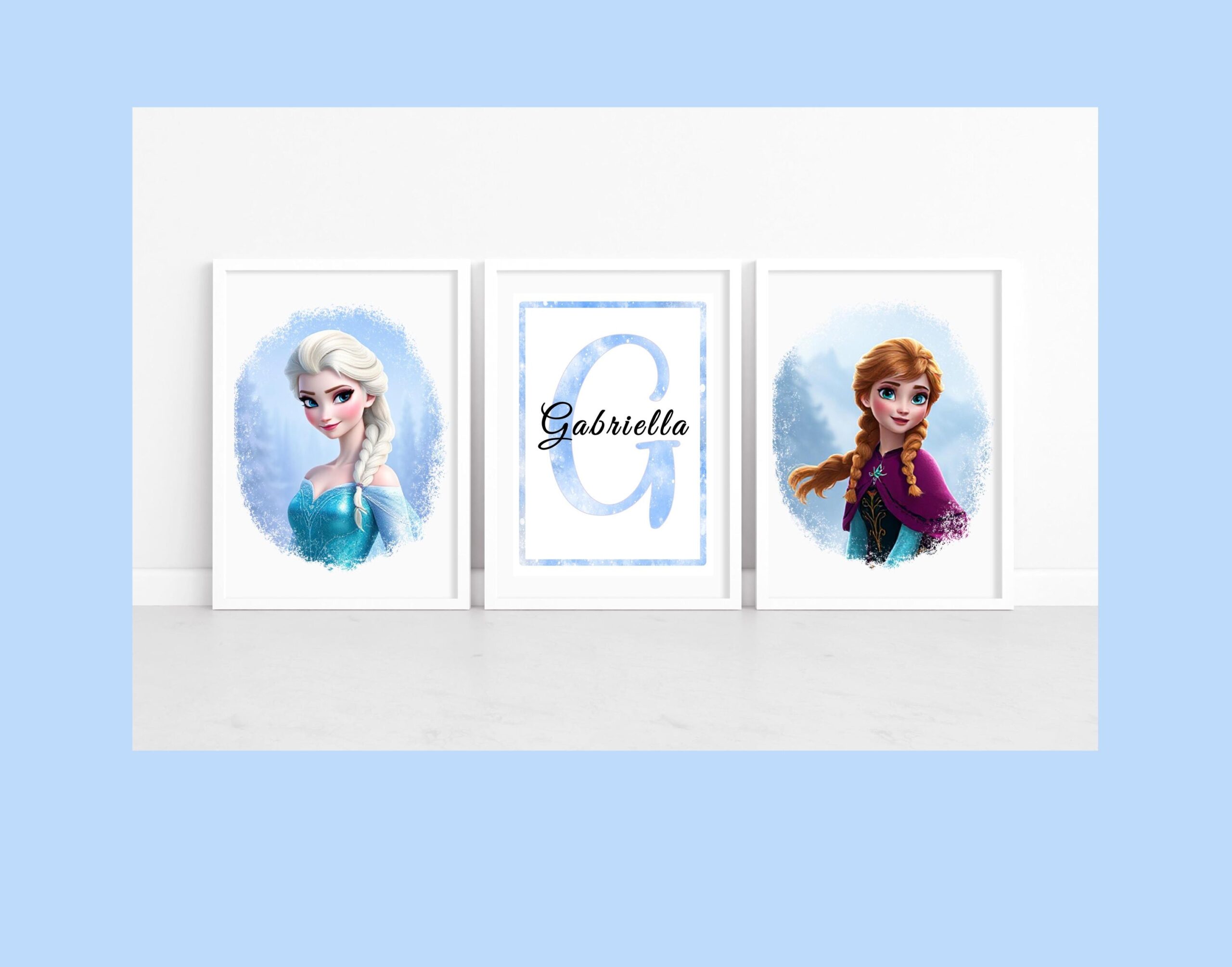 Set of 3 Personalised Ice Princess Wall Art Prints – Winter Sisters & Snowman Kids Room Decor (A4) or A3