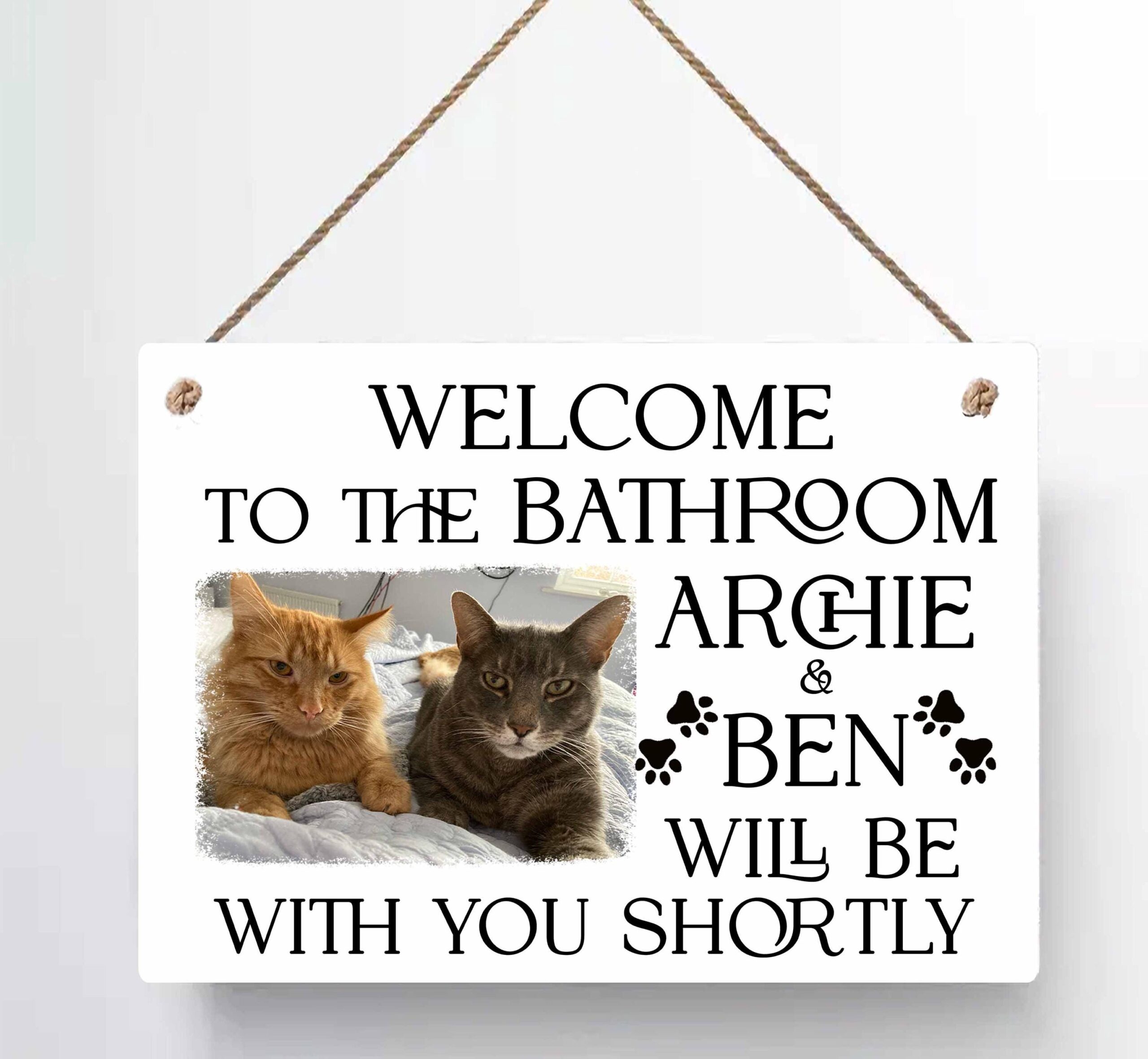 Funny Cat Bathroom Sign | Personalised High Gloss Metal Plaque with Your Cat’s Name & Photo | Custom Cat Lover Gift, Bathroom Decor