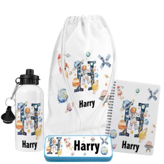 Personalised Initial or Name Space Design – Custom Galaxy Bag, Notebook, Bottle or Pencil Tin – Kids School Gift