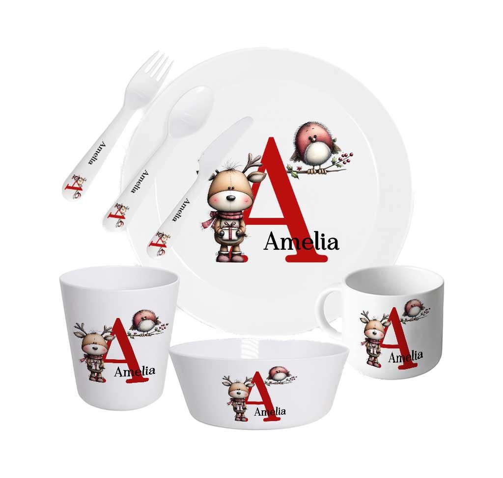 Exclusive Personalised Christmas Initial Plate & Dinner Set – Kids Robin and Penguin Characters - Image 2
