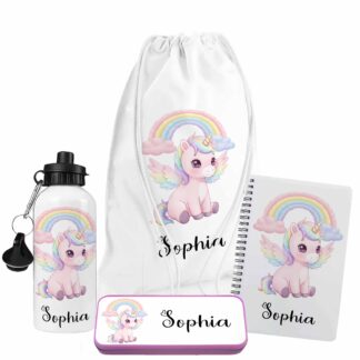 Personalised Unicorn Gift – Custom Name Bag, Notebook, Bottle or Pencil Tin – Magical Kids School Set, Fantasy Birthday Present