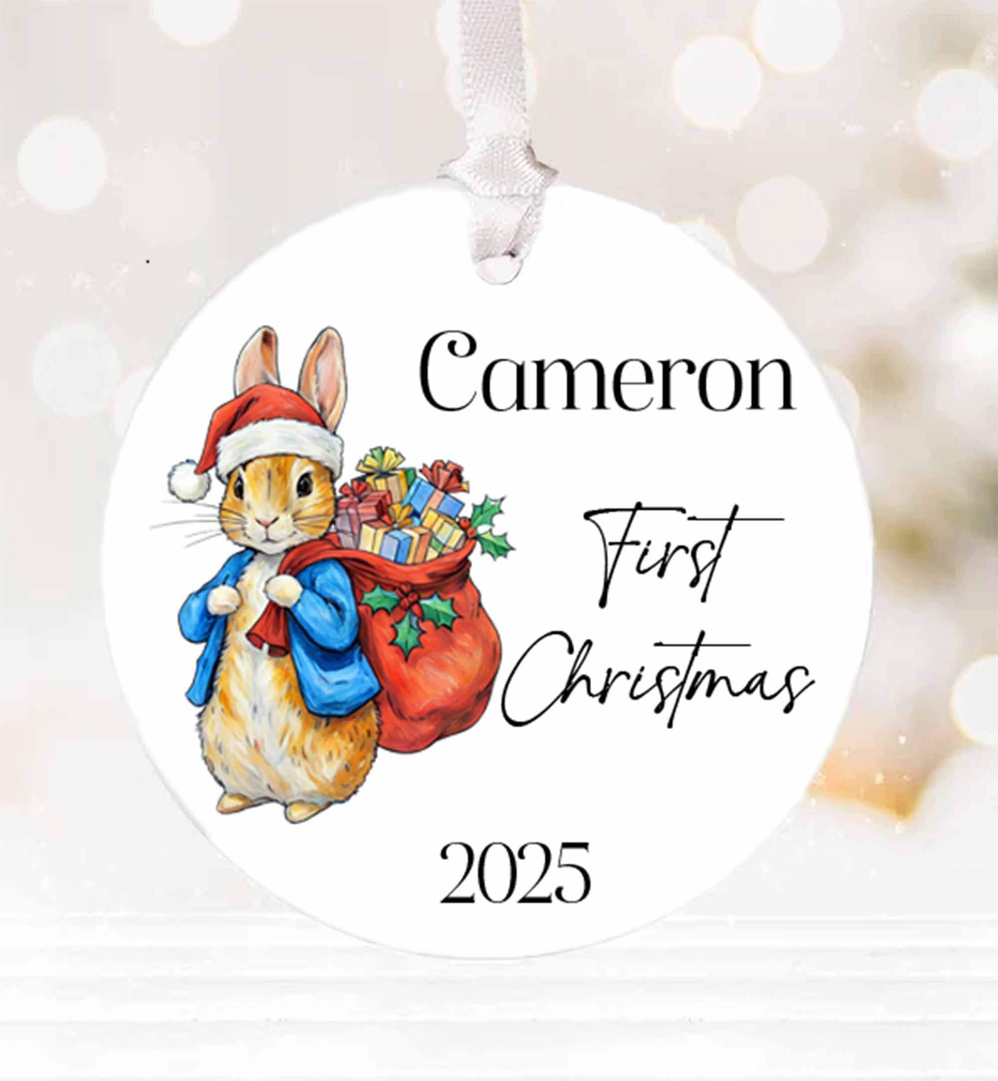 Personalised Baby’s First Christmas Ornament 2026 – Peter Rabbit Keepsake Bauble, New Baby Gift, Custom Name Decoration, Nursery Keepsake