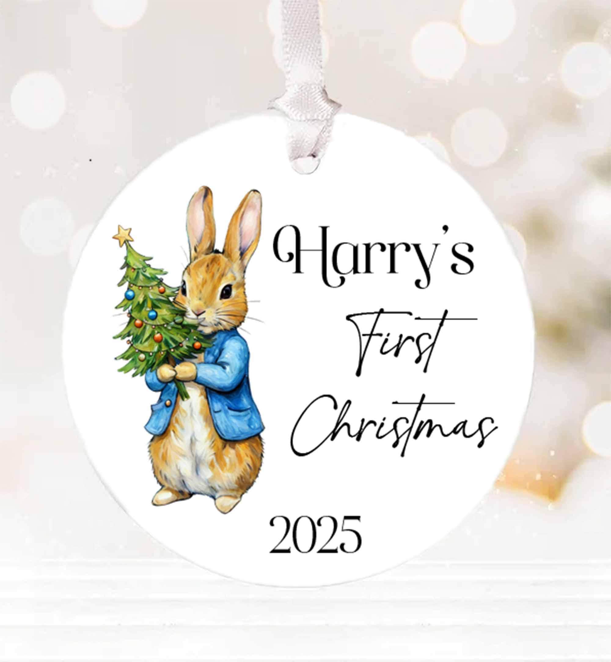 Personalised Baby’s First Christmas Ornament 2026 – Peter Rabbit Keepsake Bauble, New Baby Gift, Custom Name Decoration, Nursery Keepsake - Image 2