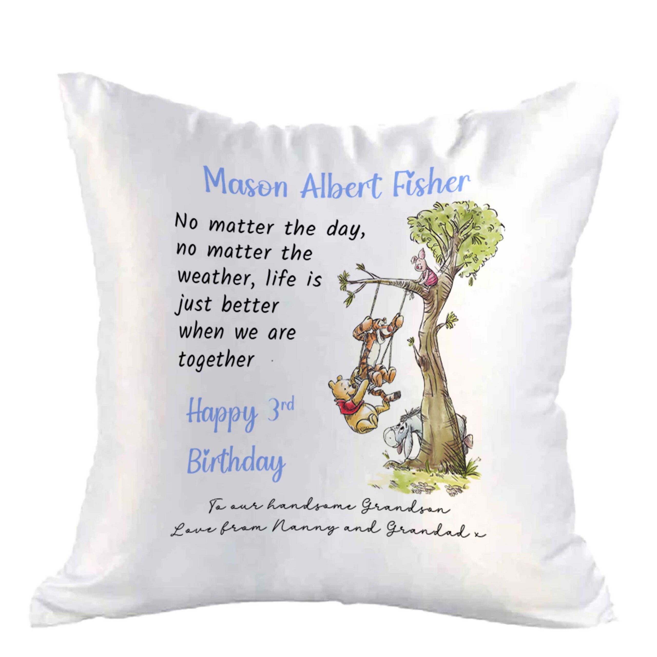 Personalised Pooh & Friends Swing Cushion Cover – Birth & Christening Gift