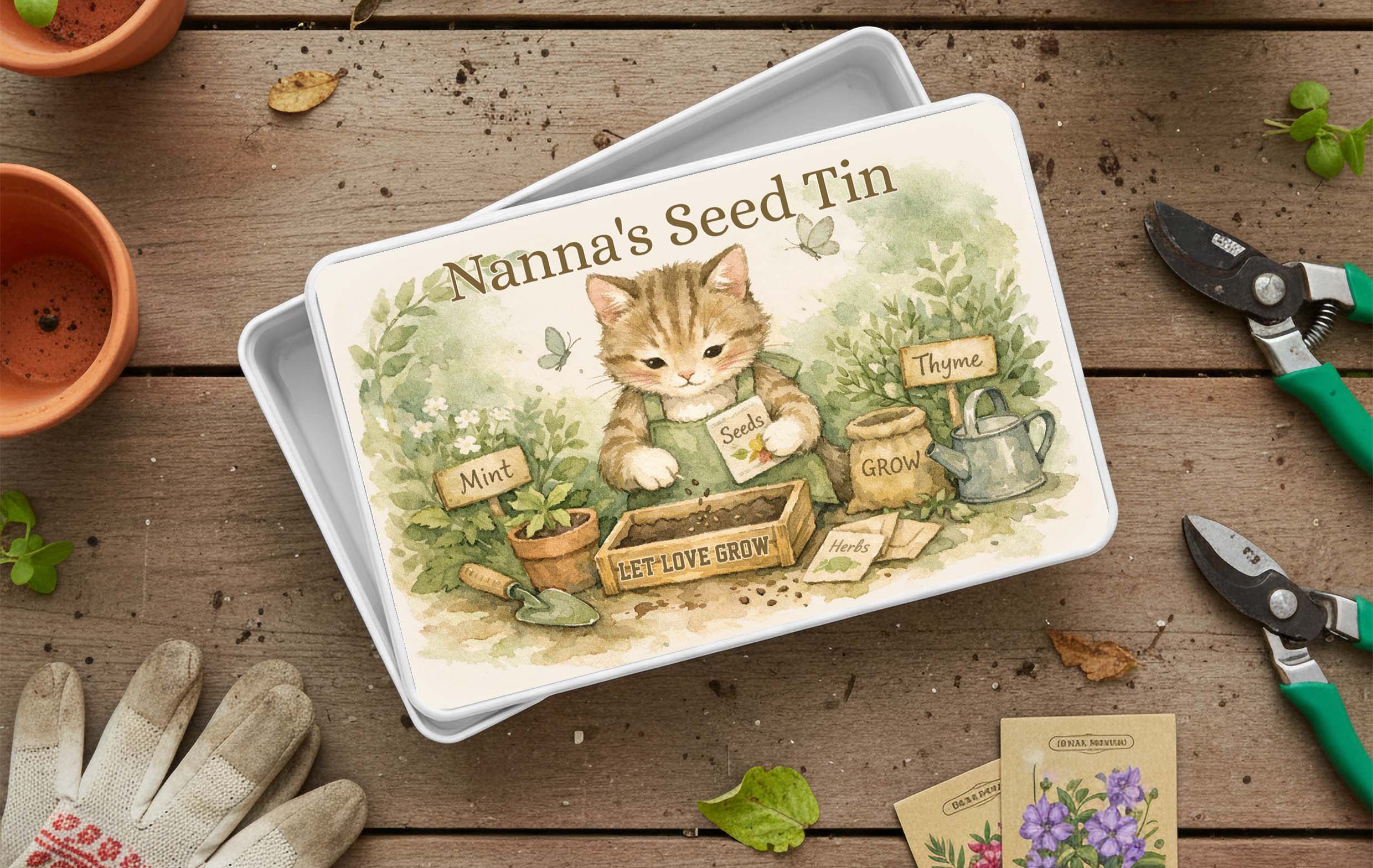Personalised Seed tin cat design - Storage Tin with Lid – Custom Name - Image 2