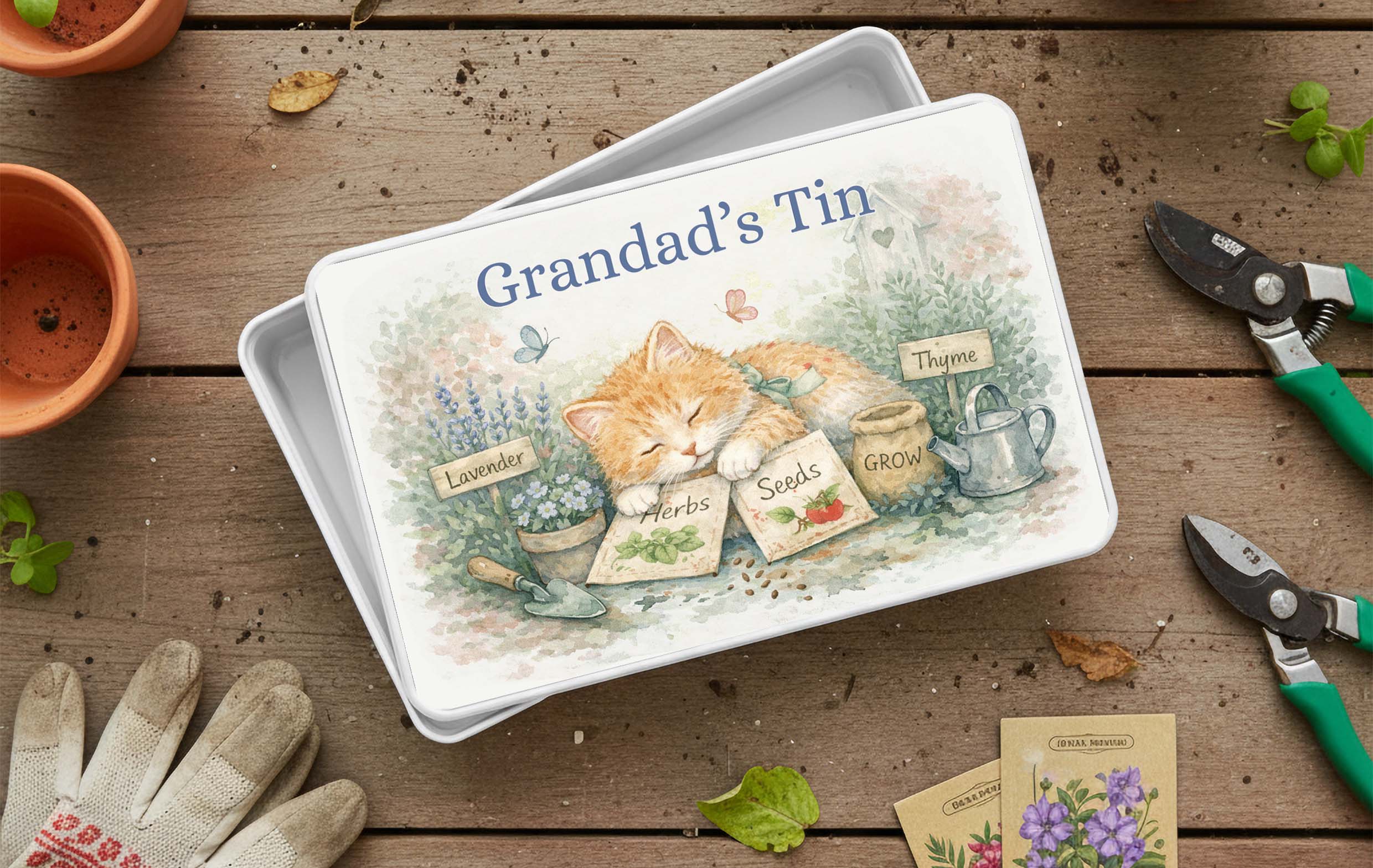 Personalised Seed tin cat design - Storage Tin with Lid – Custom Name
